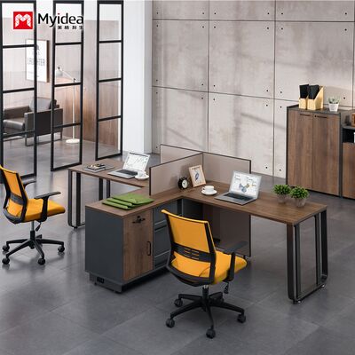 Two person office desk with steel leg storage side cabinet, staff desk made of melamine board material