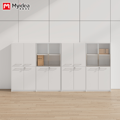 White Office File Cabinet, Wooden High Low Cabinet Storage Cabinet, Suitable for Offices, Conference Rooms, Reception Rooms