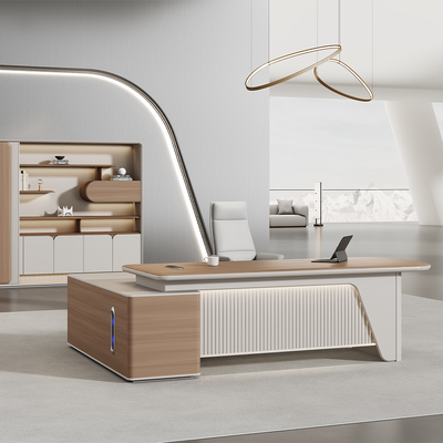 kaufen Modernes PVC-beschichtetes geschwungenes Oberboss-Schreibtisch mit lackierter Oberfläche, stimmaktivierte LED-Umgebungsbeleuchtung online manufacture