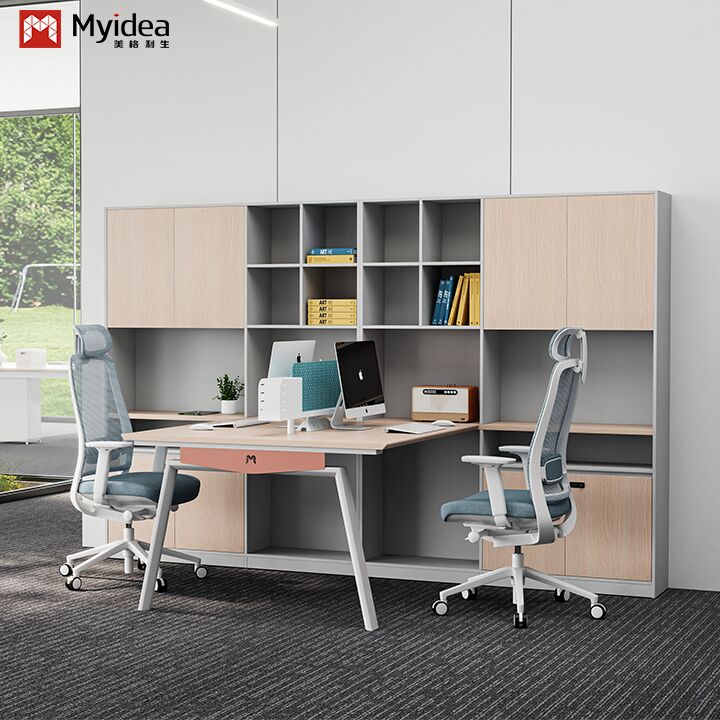 Modern Eco-Friendly Wood Staff Desk with Fabric Screen Steel Feet Large Storage Cabinet Freestanding Office Furniture
