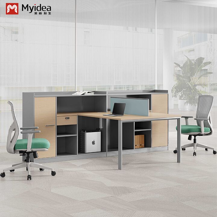 Two Staff Members Facing Each Other, Office Desk, Bright Color Screen,Storage Cabinet with Unique Shape